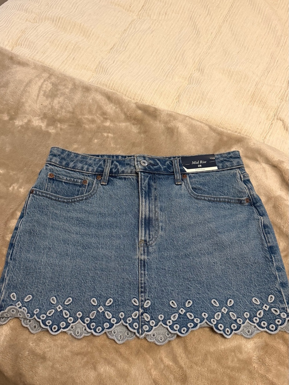 Denim Mid Rise Mini Skirt with Scalloped Eyelet Hem - Blue